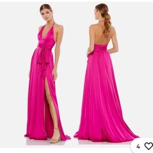Ieena for Mac Duggal CHARMEUSE HALTER STRAP SOFT TIE WAIST GOWN